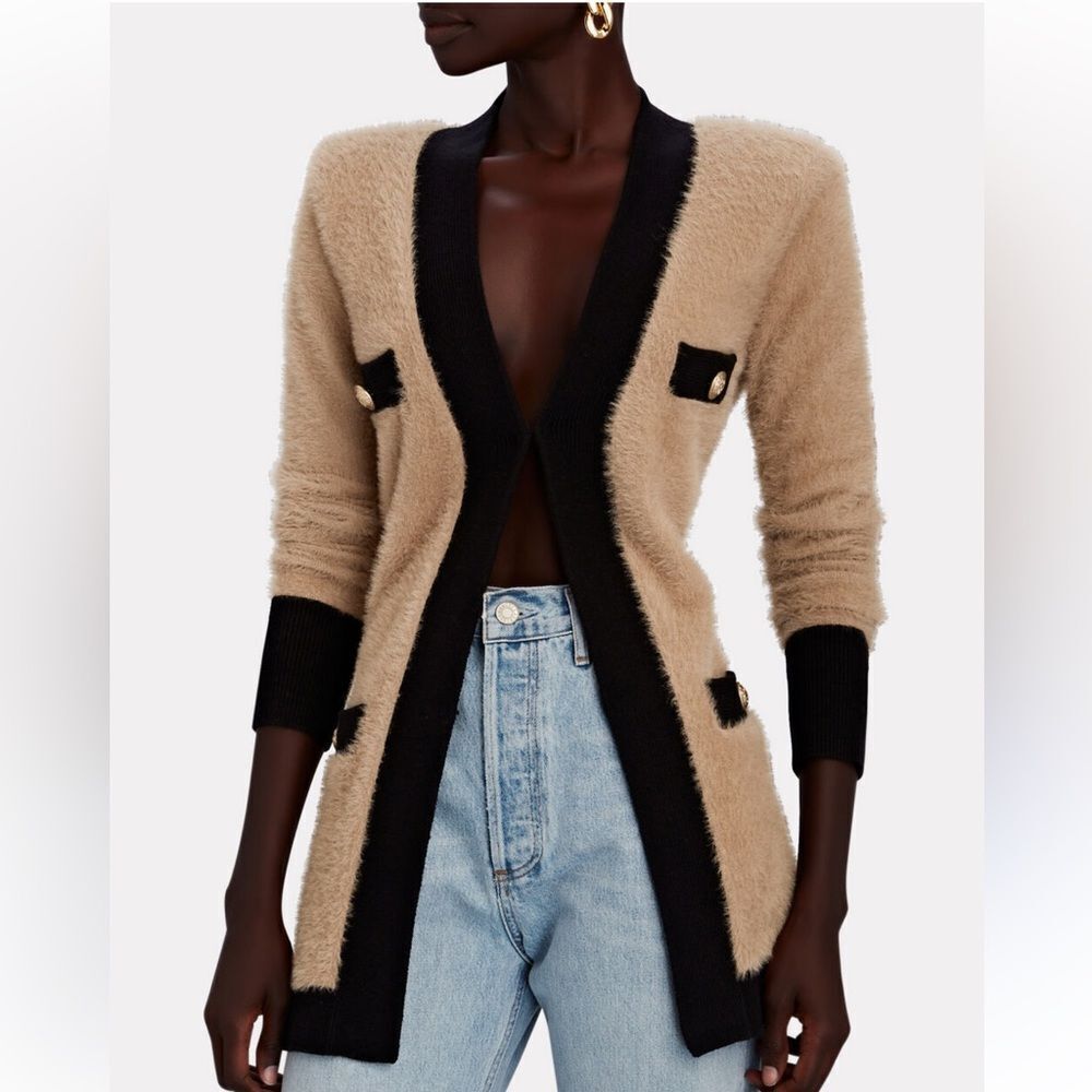 L'AGENCE Beige and Black Fuzzy Open Cardigan- size small